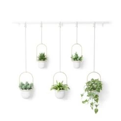 Umbra Pots, Cache-pots Et Jardinières D'extérieur Ensemble De 5 Pots De Fleurs à Suspendre En Mélamine Blanc -Parasols Soldes Magasin ensemble de 5 pots de fleurs a suspendre en melamine blanc et dore