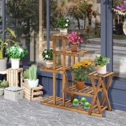 Outsunny Pots, Cache-pots Et Jardinières D'extérieur Étagère à Fleurs 6 Tablettes Bois De Sapin Traité Carbonisation -Parasols Soldes Magasin etagere a fleurs 6 tablettes bois de sapin traite carbonisation 1