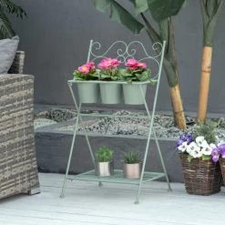 Outsunny Pots, Cache-pots Et Jardinières D'extérieur Étagère à Fleurs Pliable 2 Niveaux Style Rural Chic 3 Pots De Fleurs -Parasols Soldes Magasin etagere a fleurs pliable 2 niveaux style rural chic 3 pots de fleurs 1