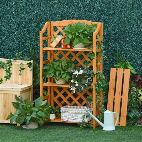 Outsunny Pots, Cache-pots Et Jardinières D'extérieur Étagère à Fleurs Pliable Avec 4 étagères Réglables En Sapin 4 Outsunny Pots, Cache-pots Et Jardinières D'extérieur Étagère à Fleurs Pliable Avec 4 étagères Réglables En Sapin – Image 2