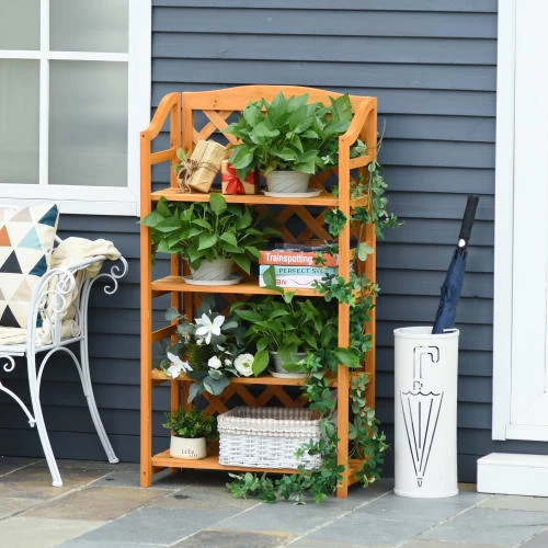 Outsunny Pots, Cache-pots Et Jardinières D'extérieur Étagère à Fleurs Pliable Avec 4 étagères Réglables En Sapin 6 Outsunny Pots, Cache-pots Et Jardinières D'extérieur Étagère à Fleurs Pliable Avec 4 étagères Réglables En Sapin – Image 4