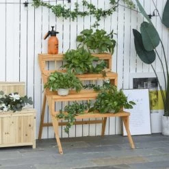 Outsunny Pots, Cache-pots Et Jardinières D'extérieur Étagère échelle à Fleurs En Bois - 4 étagères - Bois Sapin Pré-huilé -Parasols Soldes Magasin etagere echelle a fleurs en bois 4 etageres bois sapin pre huile 1
