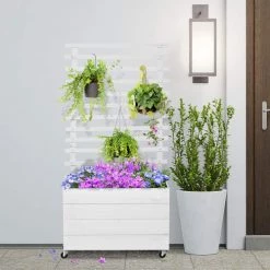 Outsunny Pots, Cache-pots Et Jardinières D'extérieur Jardinière Avec Treillis Sur Roulettes Bois Sapin Traité Peint Blanc -Parasols Soldes Magasin jardiniere avec treillis sur roulettes bois sapin traite peint blanc 3