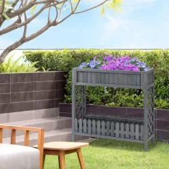 Outsunny Pots, Cache-pots Et Jardinières D'extérieur Jardinière Sur Pied Avec étagère Barrière - Bois Sapin Gris -Parasols Soldes Magasin jardiniere sur pied avec etagere barriere bois sapin gris 3