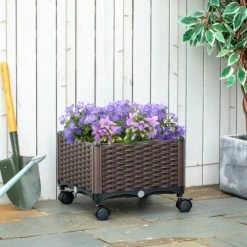 Outsunny Pots, Cache-pots Et Jardinières D'extérieur Jardinière Sur Roulettes Plastique Imitation Rotin Tressé Chocolat -Parasols Soldes Magasin jardiniere sur roulettes plastique imitation rotin tresse chocolat 3