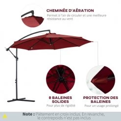 Outsunny Parasols Parasol Déporté Inclinable Manivelle Avec Pied En Acier Bordeaux -Parasols Soldes Magasin parasol deporte inclinable manivelle avec pied en acier bordeaux 5