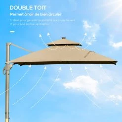 Outsunny Parasols Parasol Déporté LED Carré Double Toit Inclinable Pivotant 360° Beige -Parasols Soldes Magasin parasol deporte led carre double toit inclinable pivotant 3600 beige 3