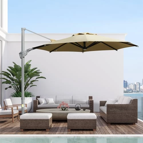 Outsunny Parasols Parasol Déporté Octogonal Inclinable Pivotant 360° Polyester Kaki 4 Outsunny Parasols Parasol Déporté Octogonal Inclinable Pivotant 360° Polyester Kaki – Image 2
