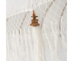 Meubles & Design Parasols Parasol En Bois Et Tissu Blanc à Pompons -Parasols Soldes Magasin parasol en bois et tissu blanc a pompons 4