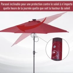 Outsunny Parasols Parasol Lumineux LED Octogonal Inclinable Bordeaux -Parasols Soldes Magasin parasol lumineux led octogonal inclinable bordeaux 3