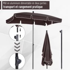 Outsunny Parasols Parasol Rectangulaire Inclinable Chocolat -Parasols Soldes Magasin parasol rectangulaire inclinable chocolat 10