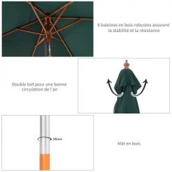 Outsunny Parasols Parasol Rectangulaire Inclinable Vert -Parasols Soldes Magasin parasol rectangulaire inclinable vert 4