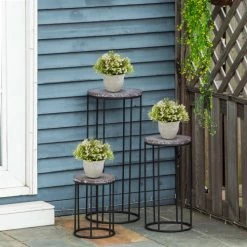 Outsunny Pots, Cache-pots Et Jardinières D'extérieur Support Pot De Fleurs 3 Pièces Métal époxy Plateaux Aspect Marbre Gris -Parasols Soldes Magasin support pot de fleurs 3 pieces metal epoxy plateaux aspect marbre gris 1