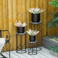 Outsunny Pots, Cache-pots Et Jardinières D'extérieur Support Pot De Fleurs 3 Pièces Métal époxy Plateaux Aspect Marbre Gris -Parasols Soldes Magasin support pot de fleurs 3 pieces metal epoxy plateaux aspect marbre gris 3