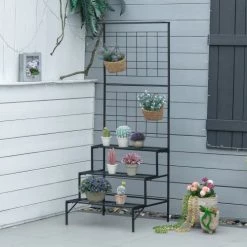 Outsunny Pots, Cache-pots Et Jardinières D'extérieur Support Pour Plantes Avec Treillis Et 3 étagères Escalier Métal Noir -Parasols Soldes Magasin support pour plantes avec treillis et 3 etageres escalier metal noir 1